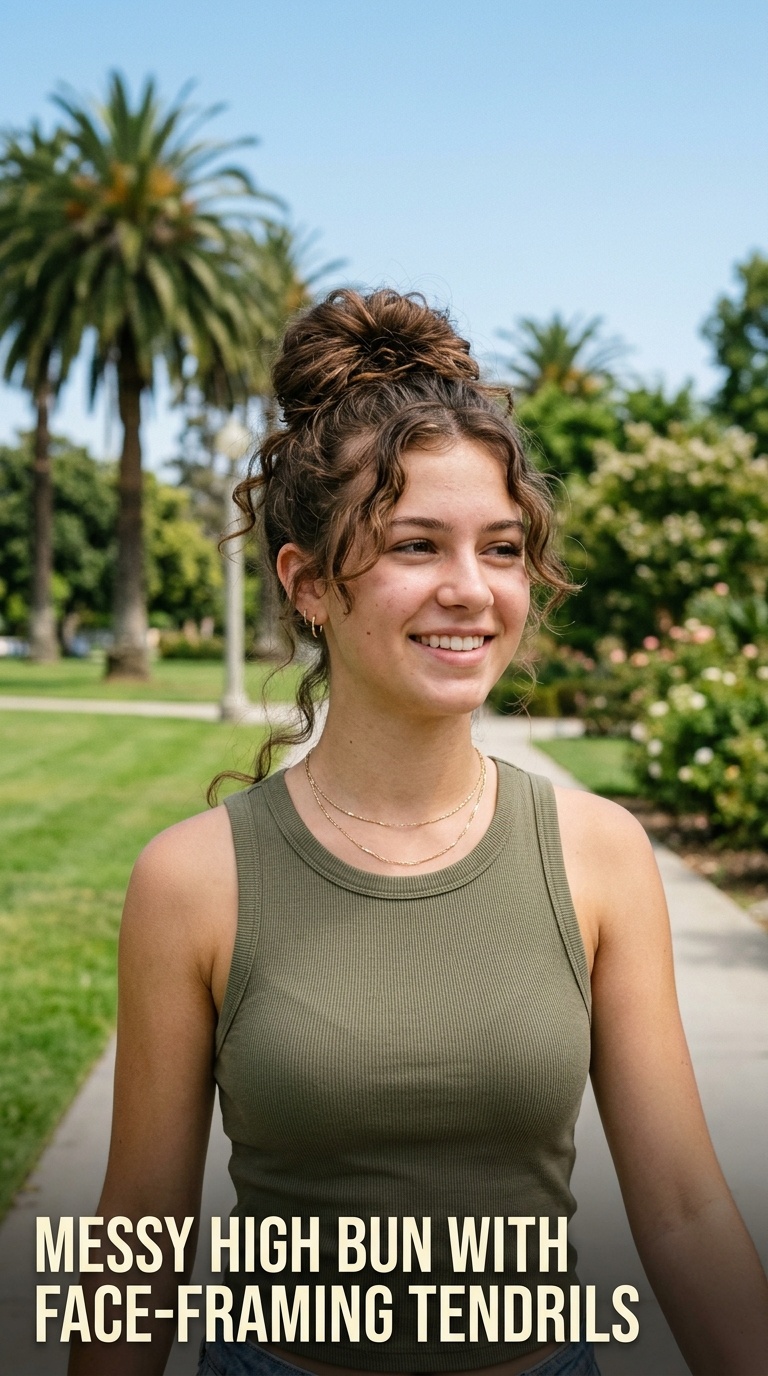 Messy High Bun with Face-Framing Tendrils