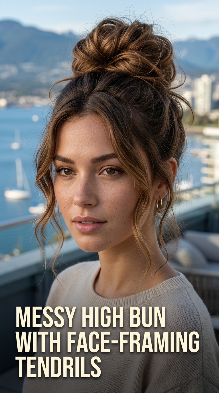 Messy High Bun with Face-Framing Tendrils