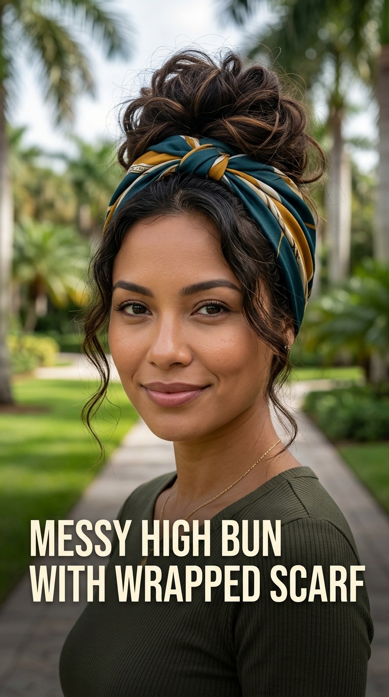 Messy High Bun with Wrapped Scarf