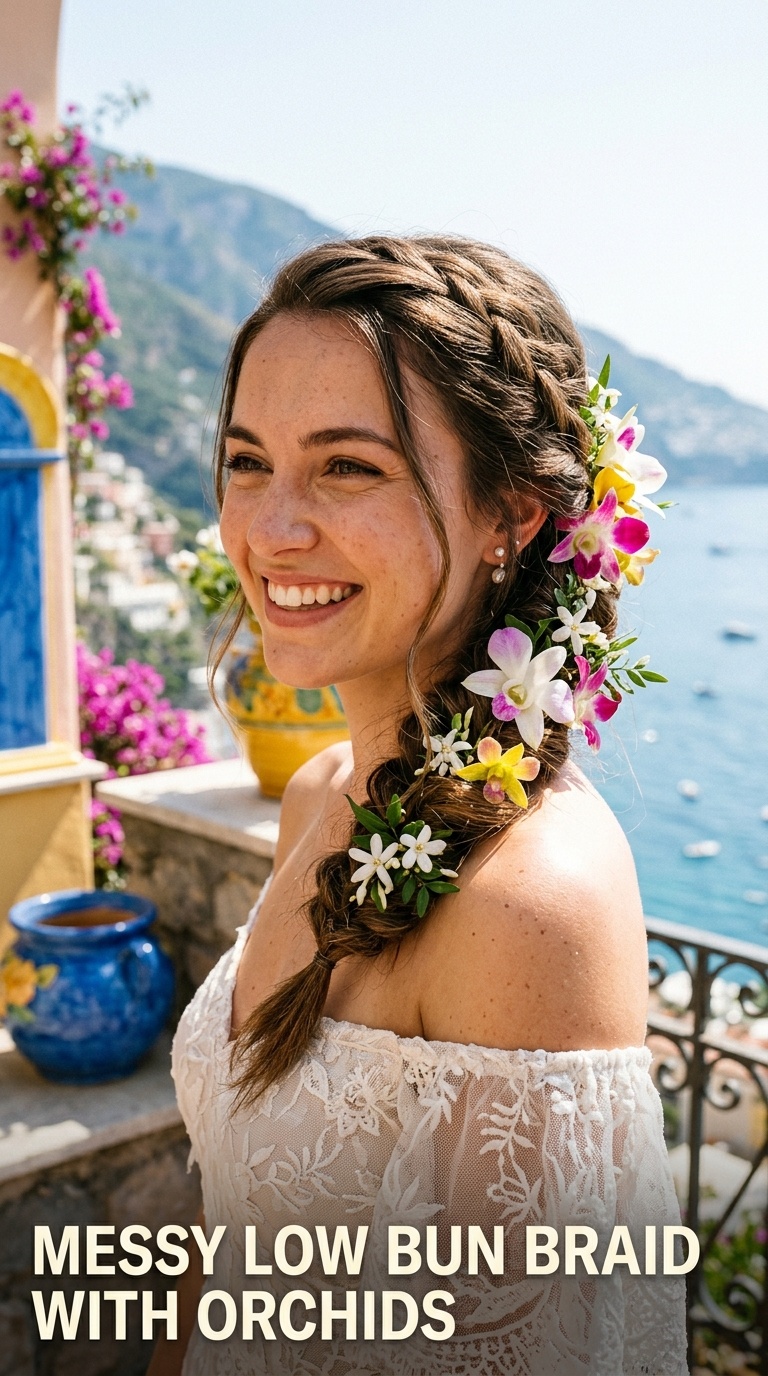 Messy Low Bun Braid with Orchids