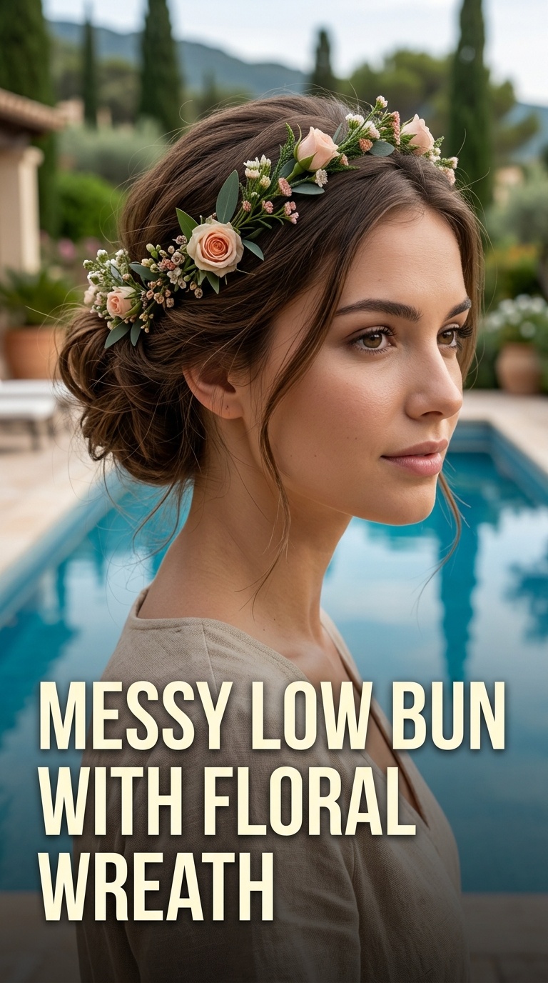 Messy Low Bun with Floral Wreath