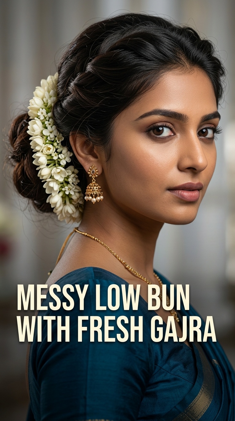Messy Low Bun with Fresh Gajra