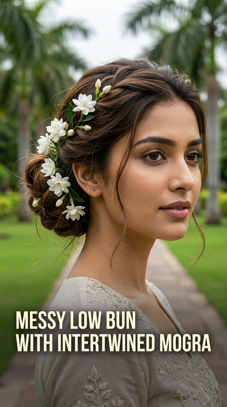 Messy Low Bun with Intertwined Mogra