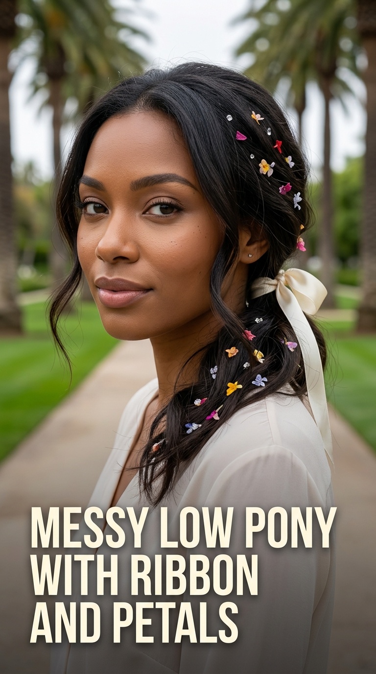 Messy Low Pony with Ribbon and Petals