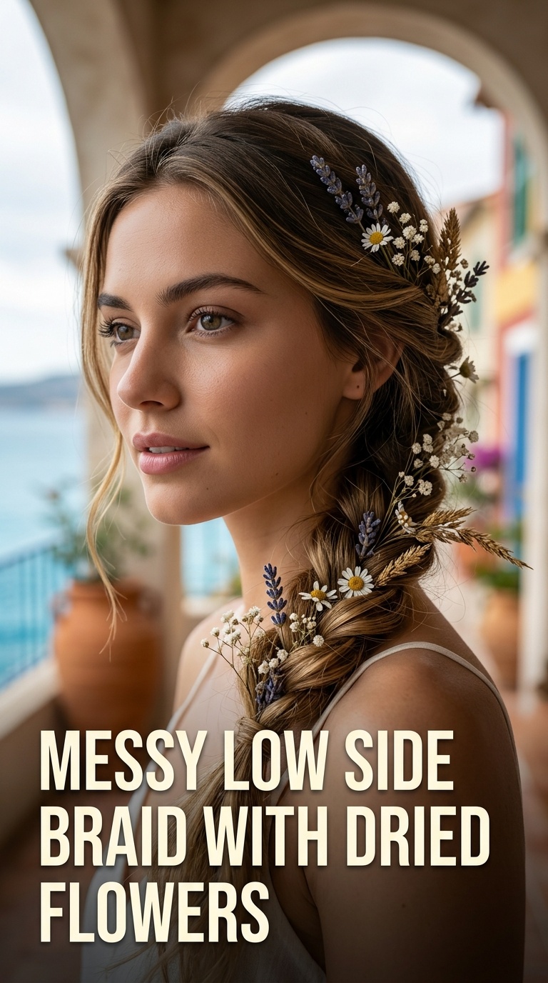 Messy Low Side Braid with Dried Flowers