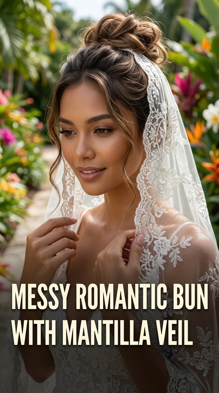 Messy Romantic Bun with Mantilla Veil