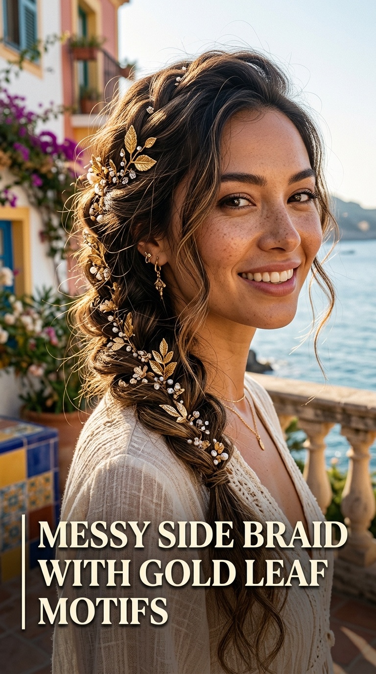 Messy Side Braid with Gold Leaf Motifs