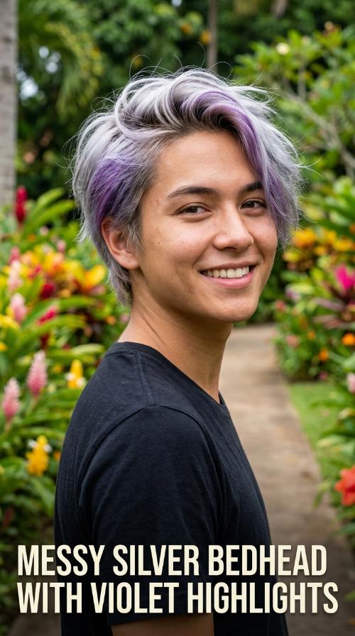 Messy Silver Bedhead with Violet Highlights