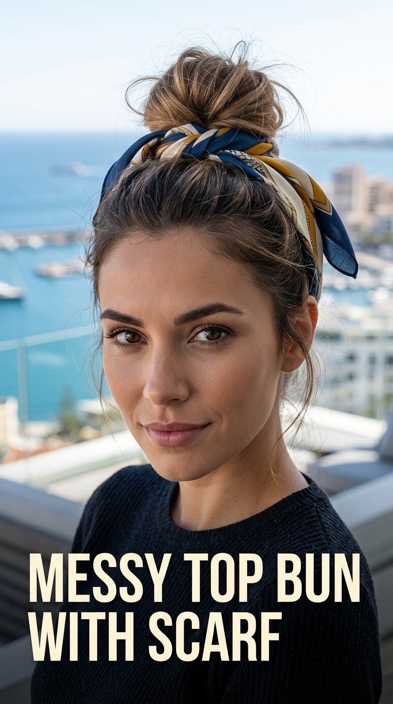 Messy Top Bun with Scarf