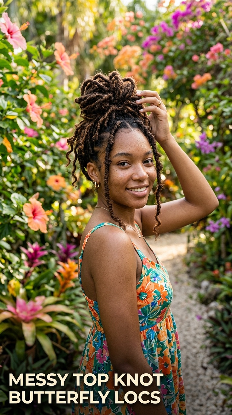 Messy Top Knot Butterfly Locs