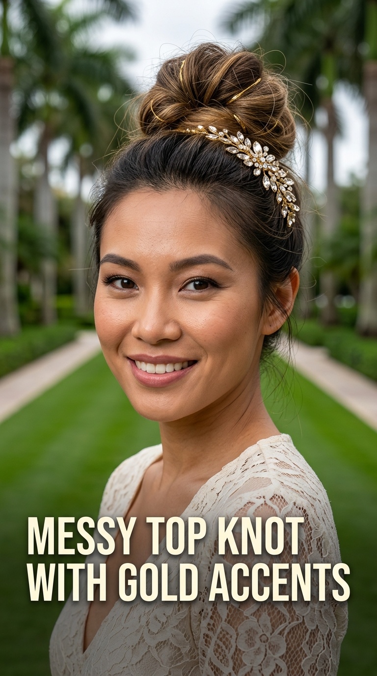 Messy Top Knot with Gold Accents