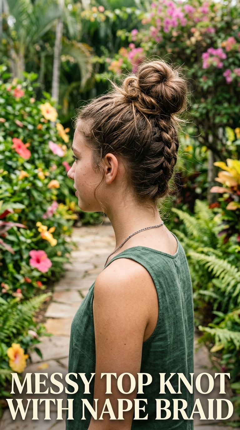 Messy Top Knot with Nape Braid