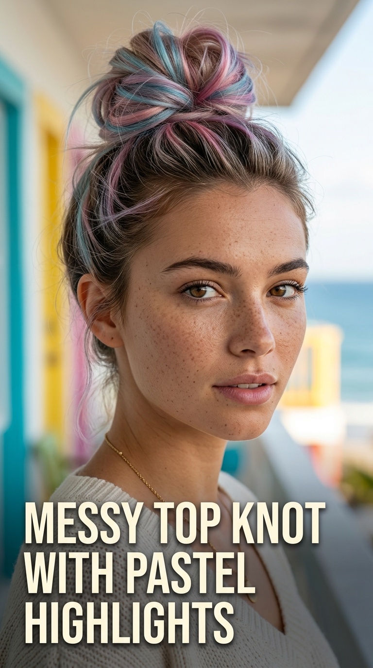 Messy Top Knot with Pastel Highlights