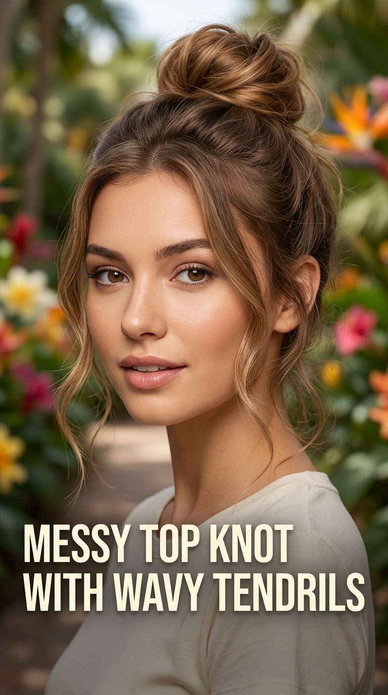 Messy Top Knot with Wavy Tendrils
