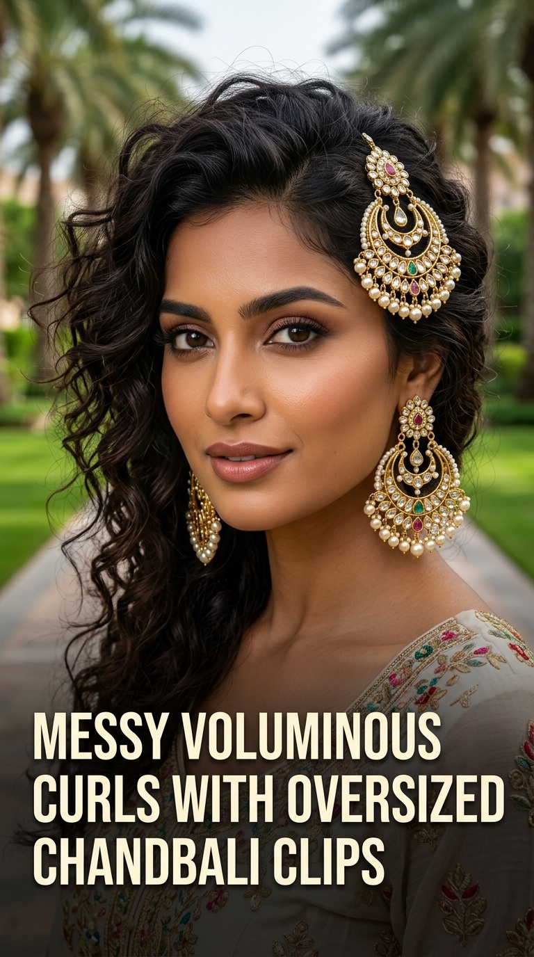 Messy Voluminous Curls with Oversized Chandbali Clips