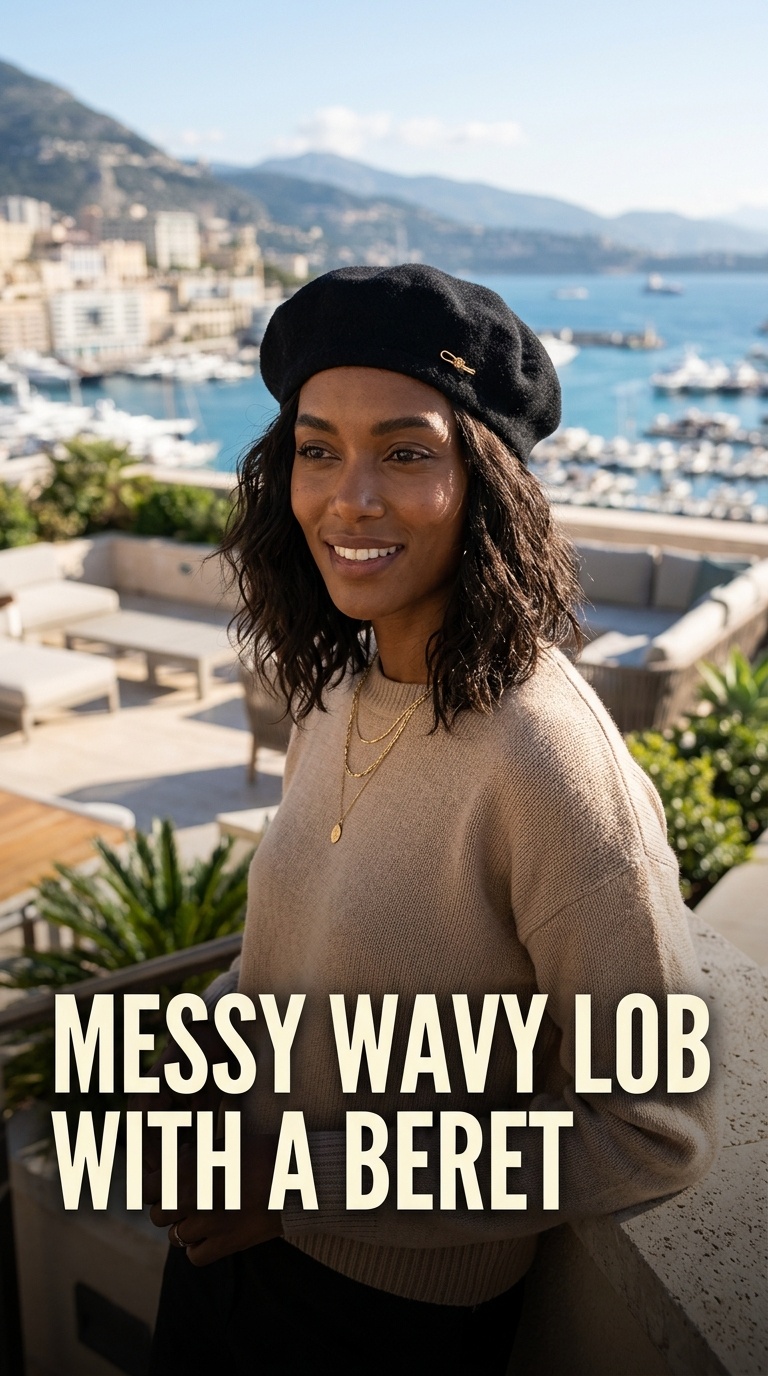Messy Wavy Lob with a Beret