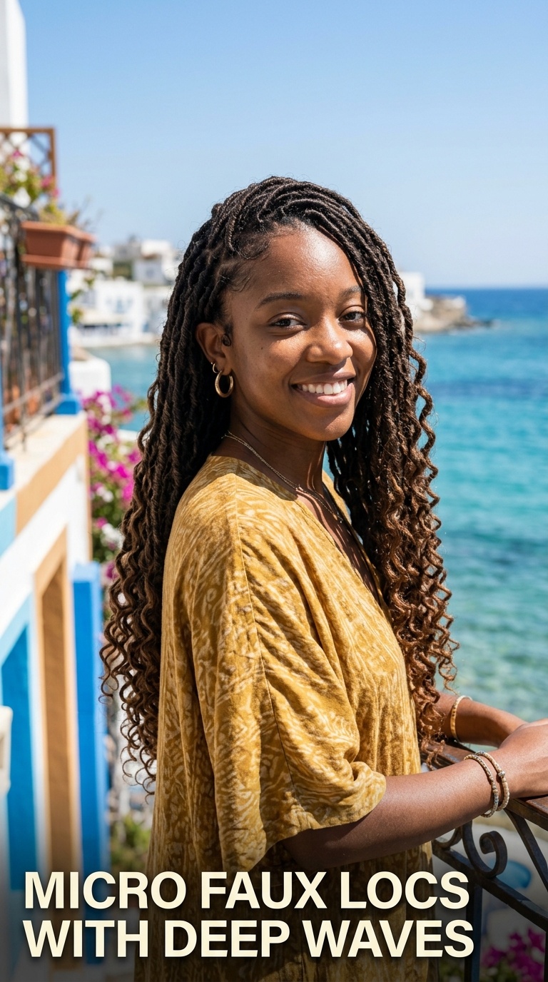 Micro Faux Locs with Deep Waves