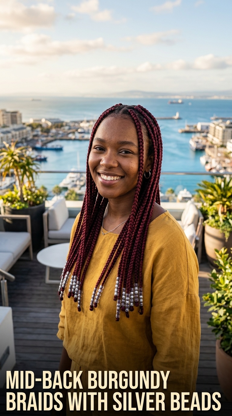 Mid-Back Burgundy Braids with Silver Beads
