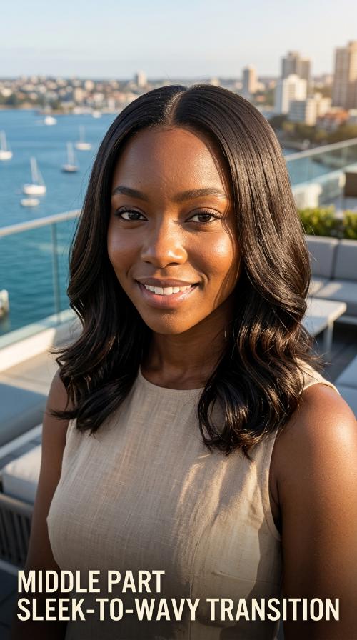 Middle Part Sleek-to-Wavy Transition