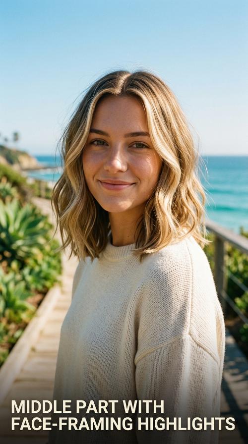 Middle Part with Face-Framing Highlights