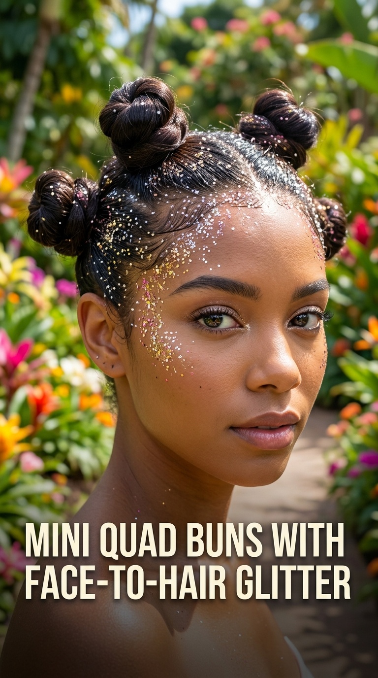 Mini Quad Buns with Face-to-Hair Glitter