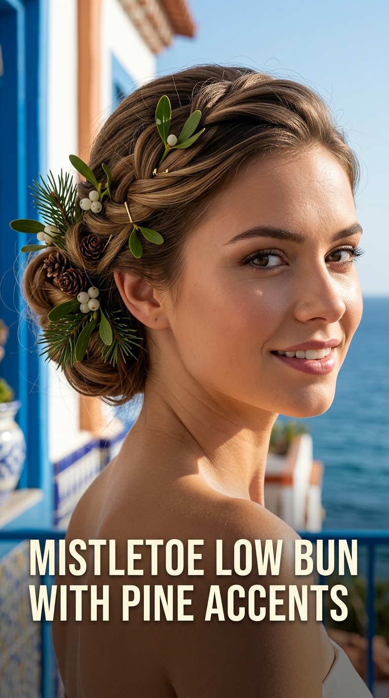 Mistletoe Low Bun with Pine Accents
