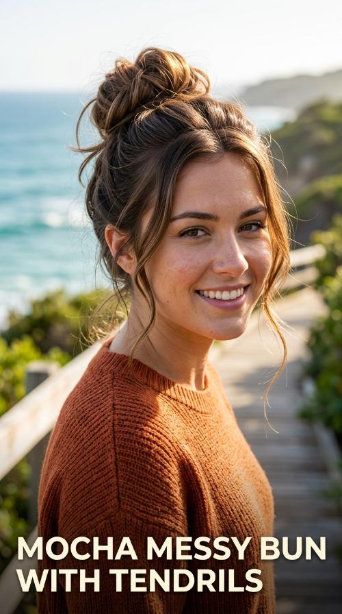 Mocha Messy Bun with Tendrils
