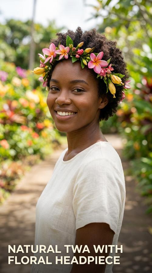 Natural TWA with Floral Headpiece