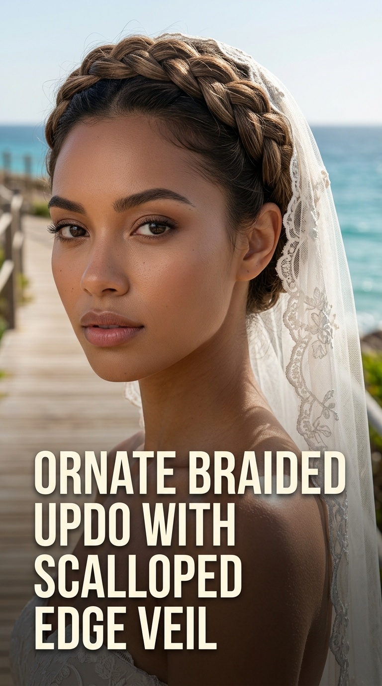 Ornate Braided Updo with Scalloped Edge Veil
