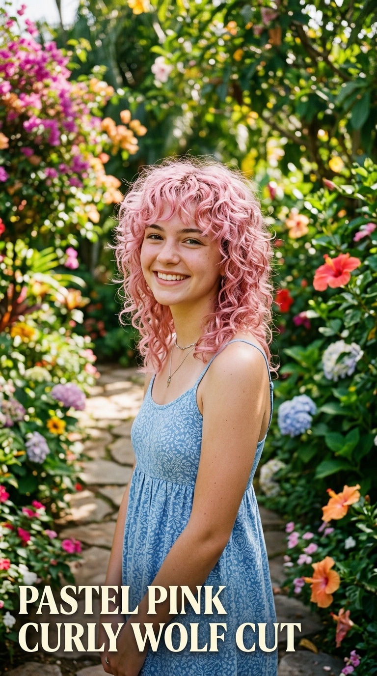 Pastel Pink Curly Wolf Cut