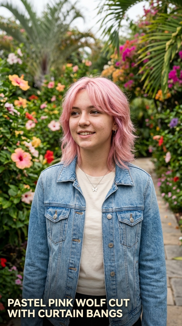 Pastel Pink Wolf Cut with Curtain Bangs