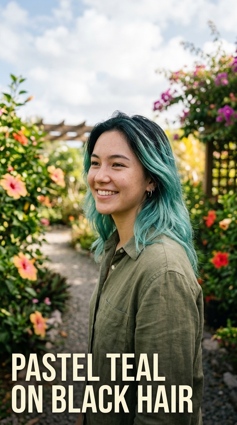 Pastel Teal on Black Hair