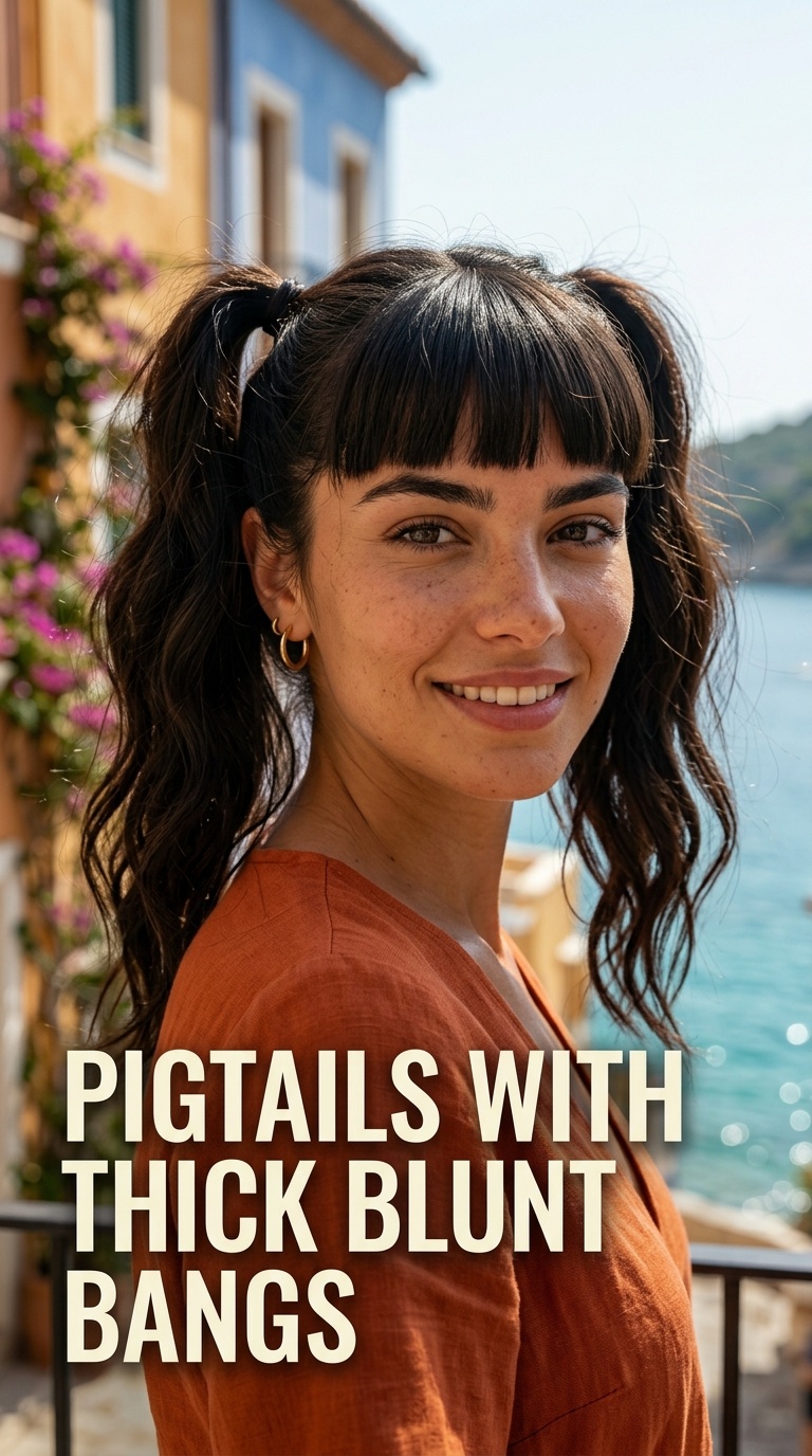 Pigtails with Thick Blunt Bangs