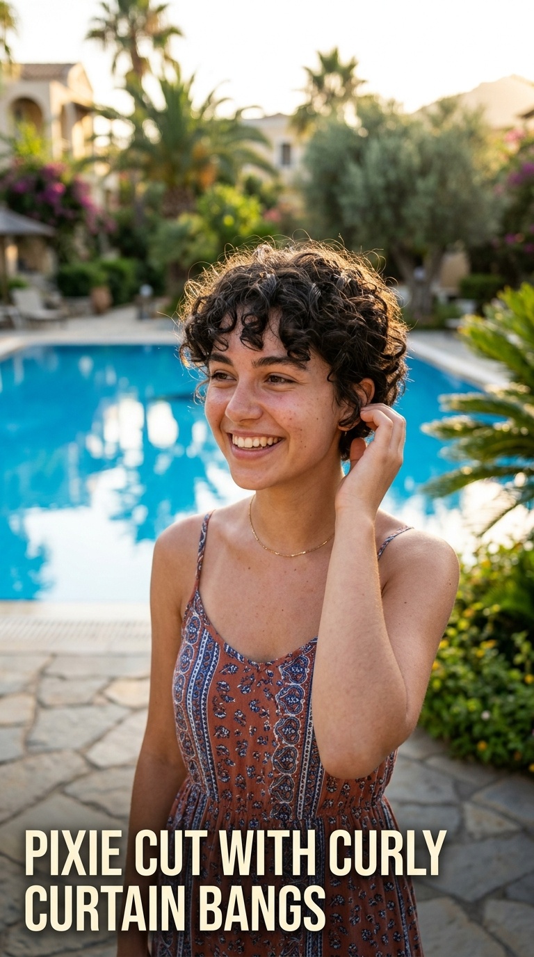 Pixie Cut with Curly Curtain Bangs