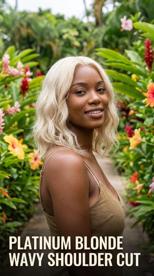 Platinum Blonde Wavy Shoulder Cut