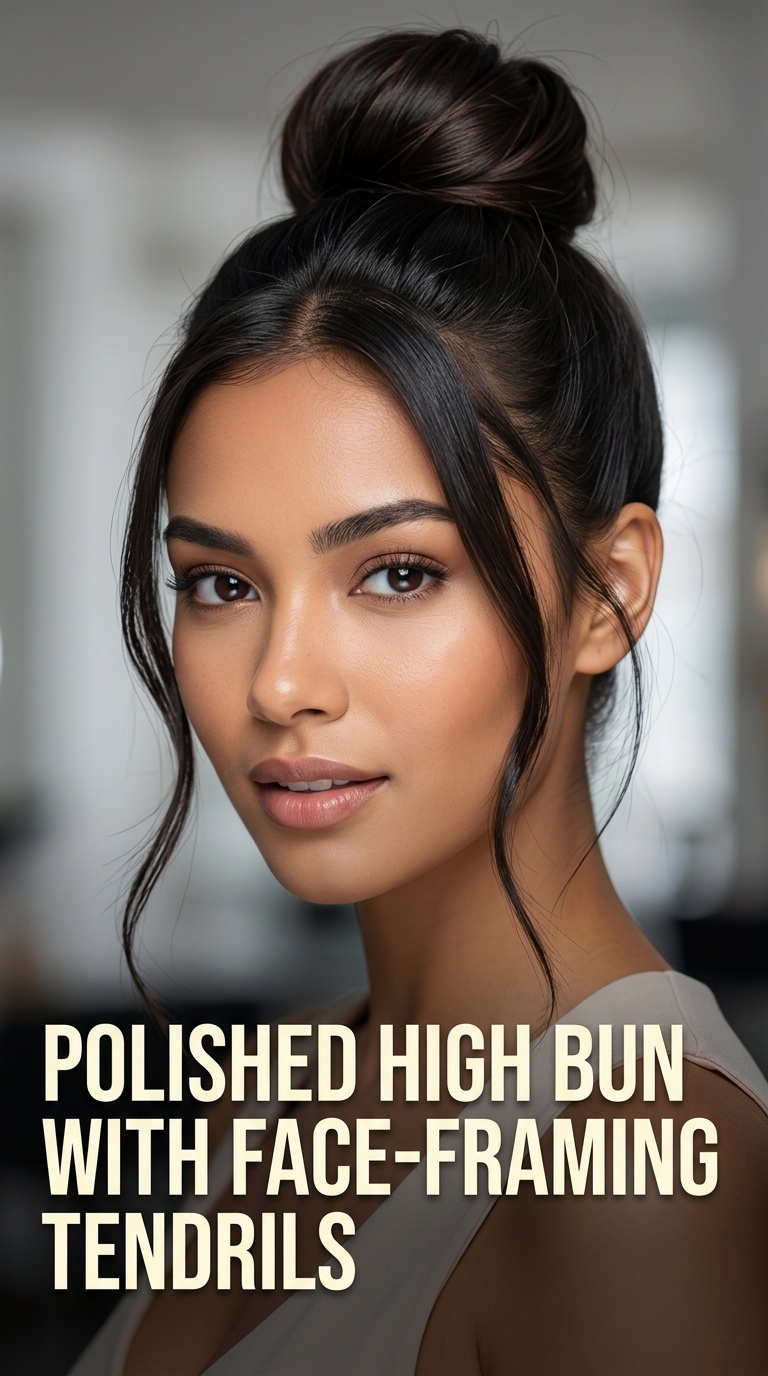 Polished High Bun with Face-Framing Tendrils