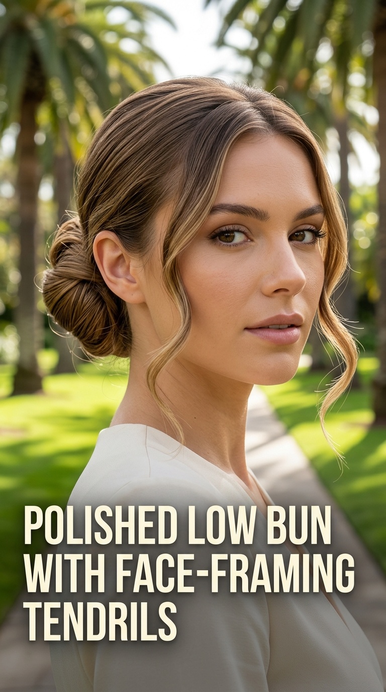 Polished Low Bun with Face-Framing Tendrils