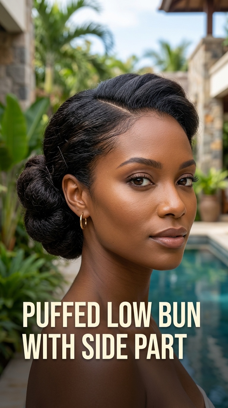 Puffed Low Bun with Side Part