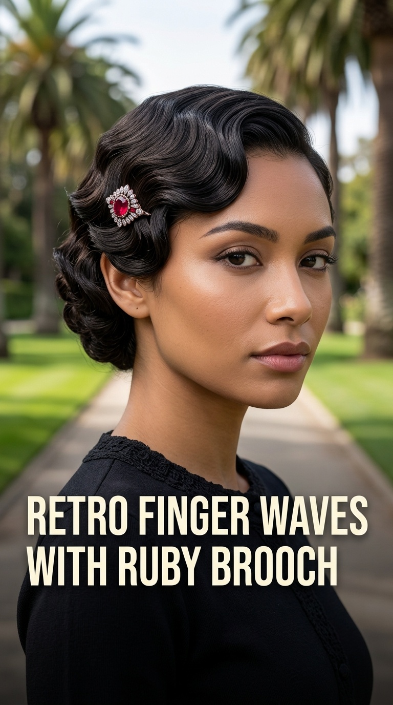 Retro Finger Waves with Ruby Brooch