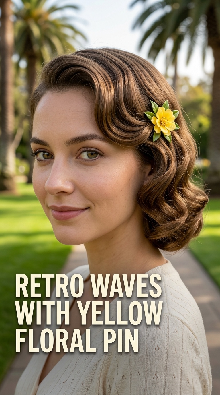 Retro Waves with Yellow Floral Pin