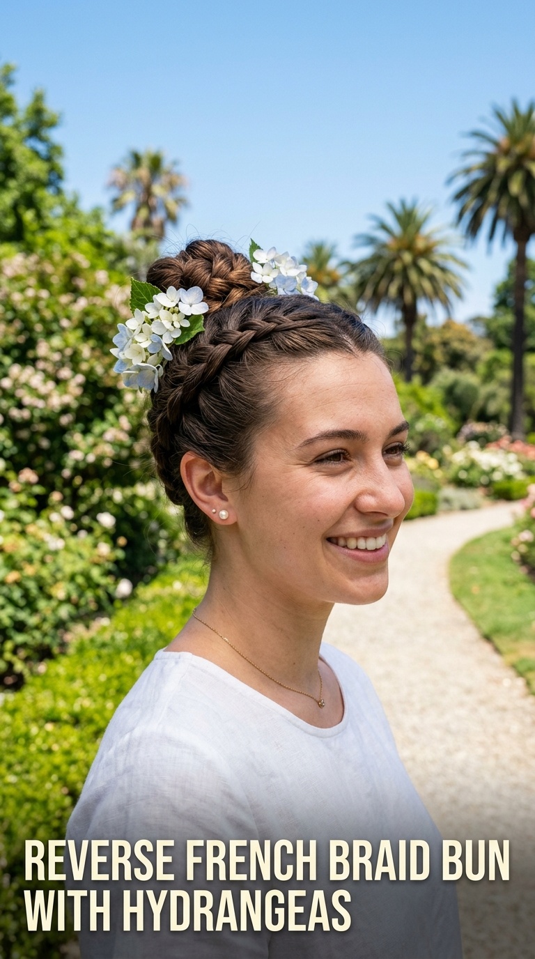 Reverse French Braid Bun with Hydrangeas