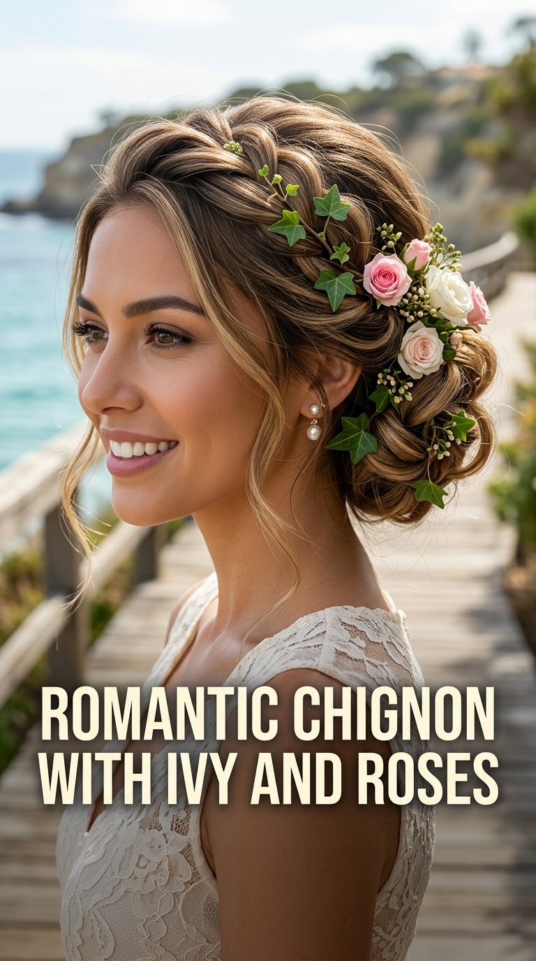 Romantic Chignon with Ivy and Roses