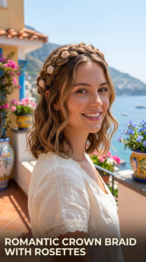 Romantic Crown Braid with Rosettes