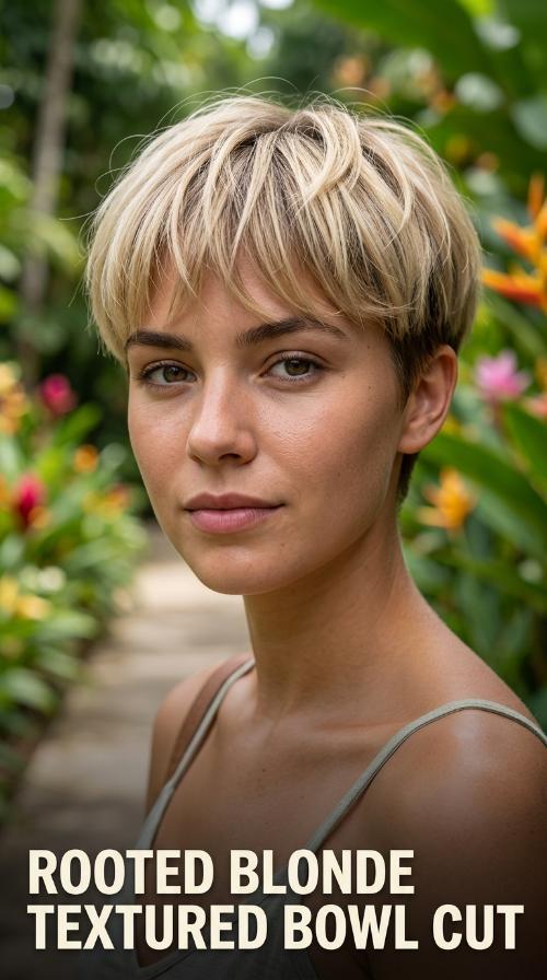 Rooted Blonde Textured Bowl Cut