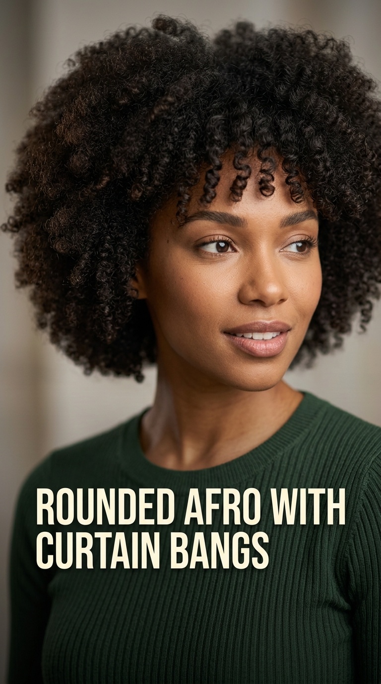 Rounded Afro with Curtain Bangs