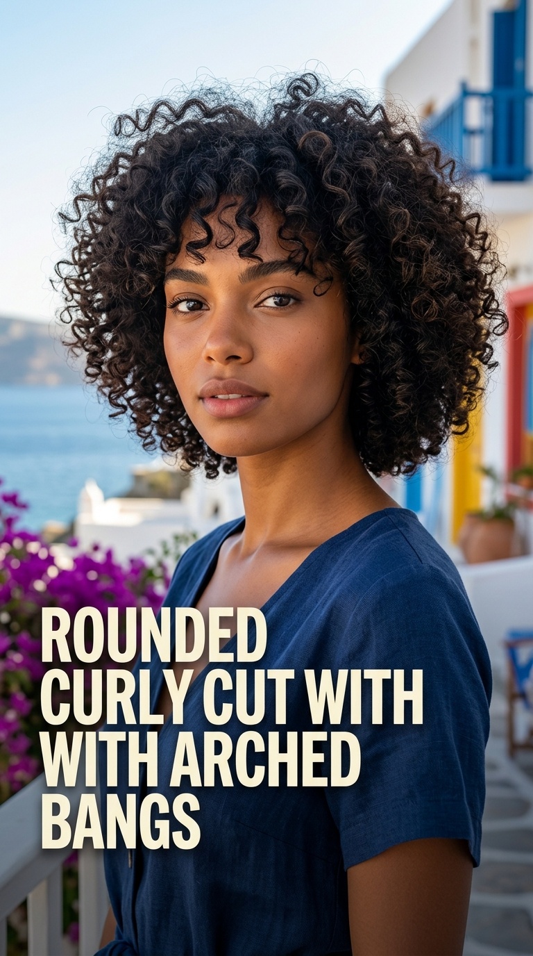 Rounded Curly Cut with Arched Bangs