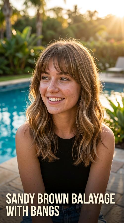Sandy Brown Balayage with Bangs