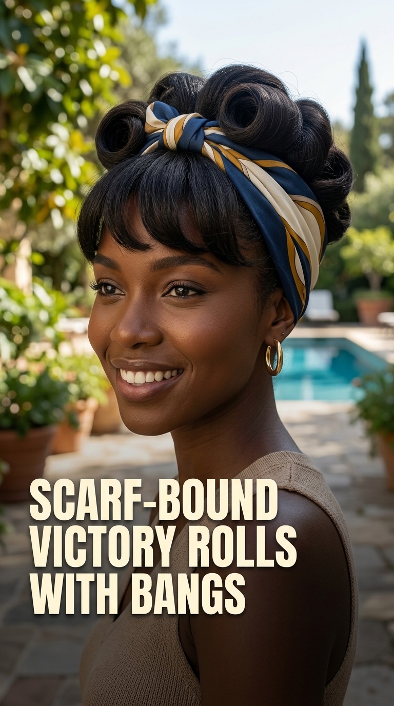 Scarf-Bound Victory Rolls with Bangs