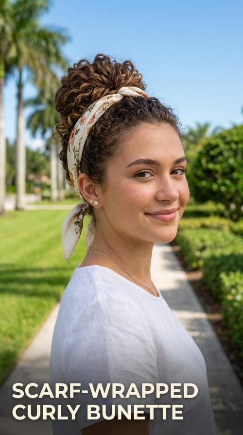 Scarf-Wrapped Curly Bunette
