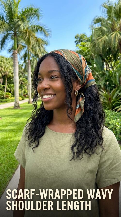 Scarf-Wrapped Wavy Shoulder Length